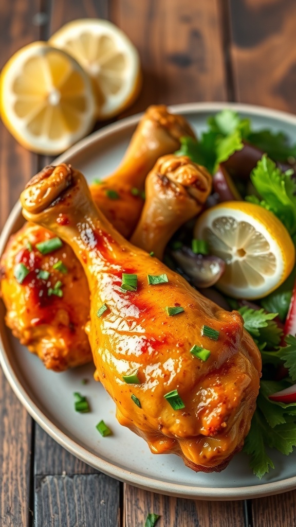Baked chicken drumsticks garnished with herbs on a rustic table.